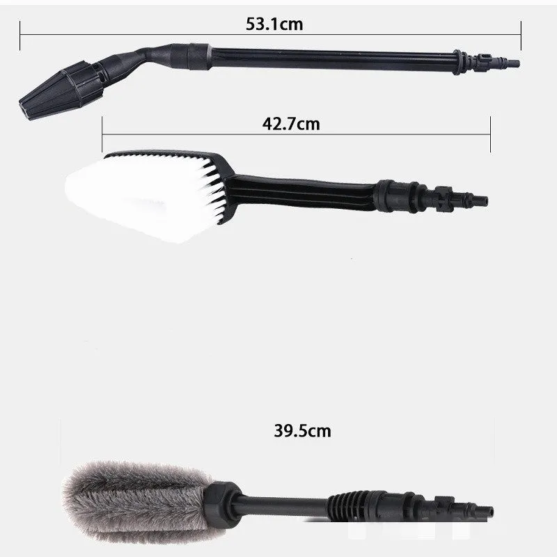 Automatic car washing rotating brush with water gun and three nozzle options on a car surface