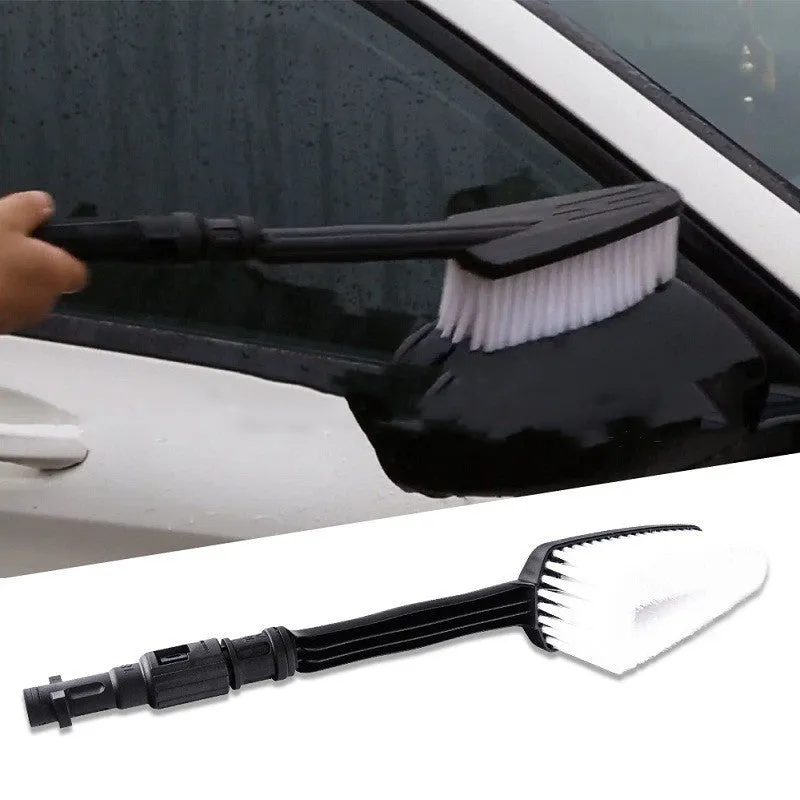 Automatic car washing rotating brush with water gun and three nozzle options on a car surface