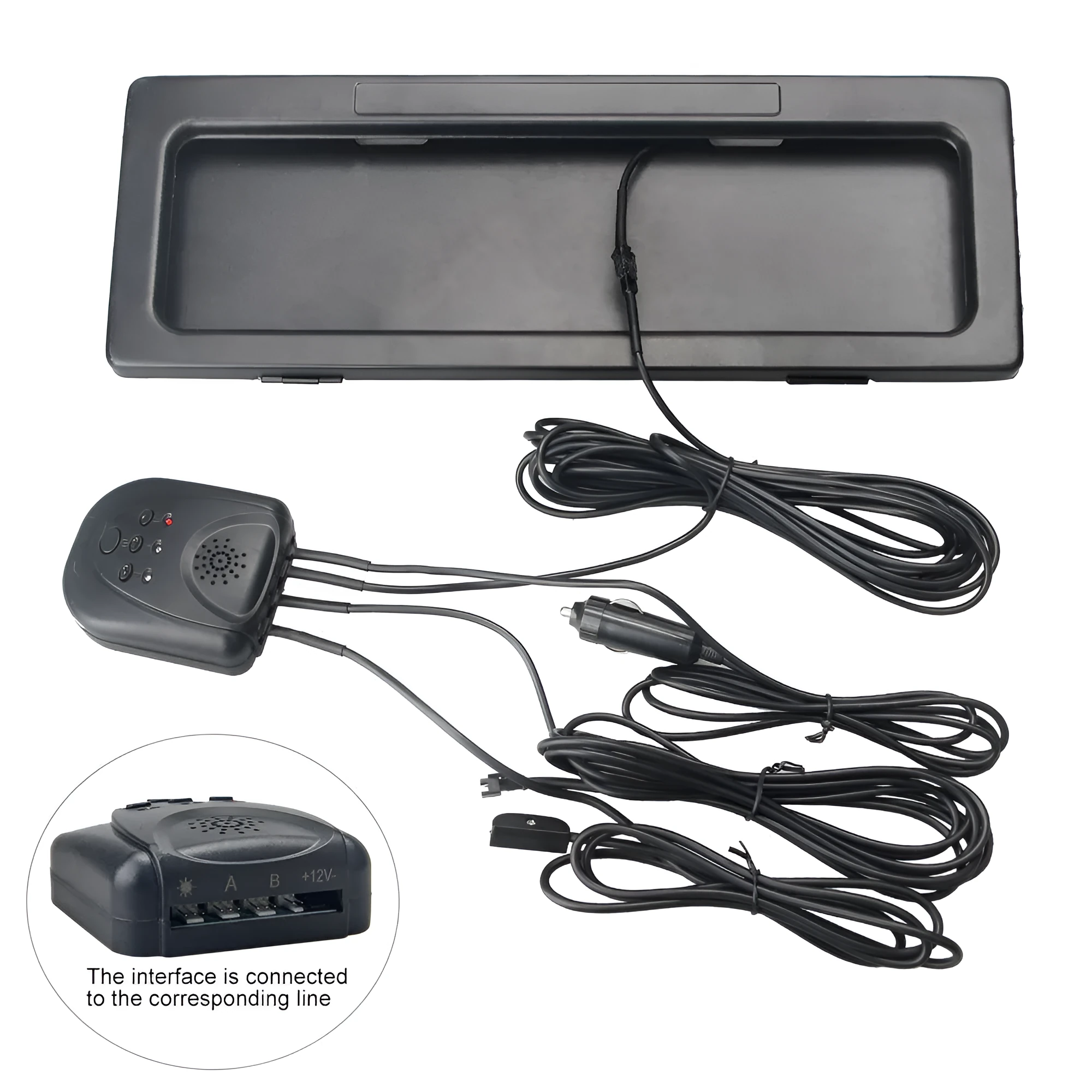 Set of two black iron license plate frames for Australian standard electric vehicle plates, pack dimensions 42.5x16x6cm
