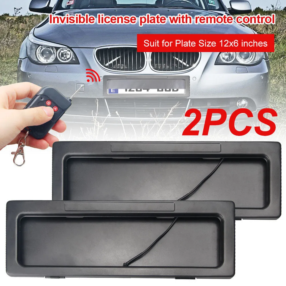 Set of two black iron license plate frames for Australian standard electric vehicle plates, pack dimensions 42.5x16x6cm