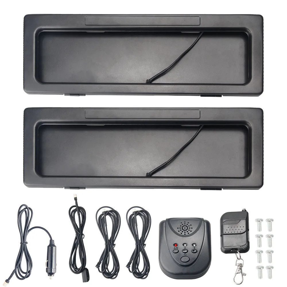 Set of two black iron license plate frames for Australian standard electric vehicle plates, pack dimensions 42.5x16x6cm