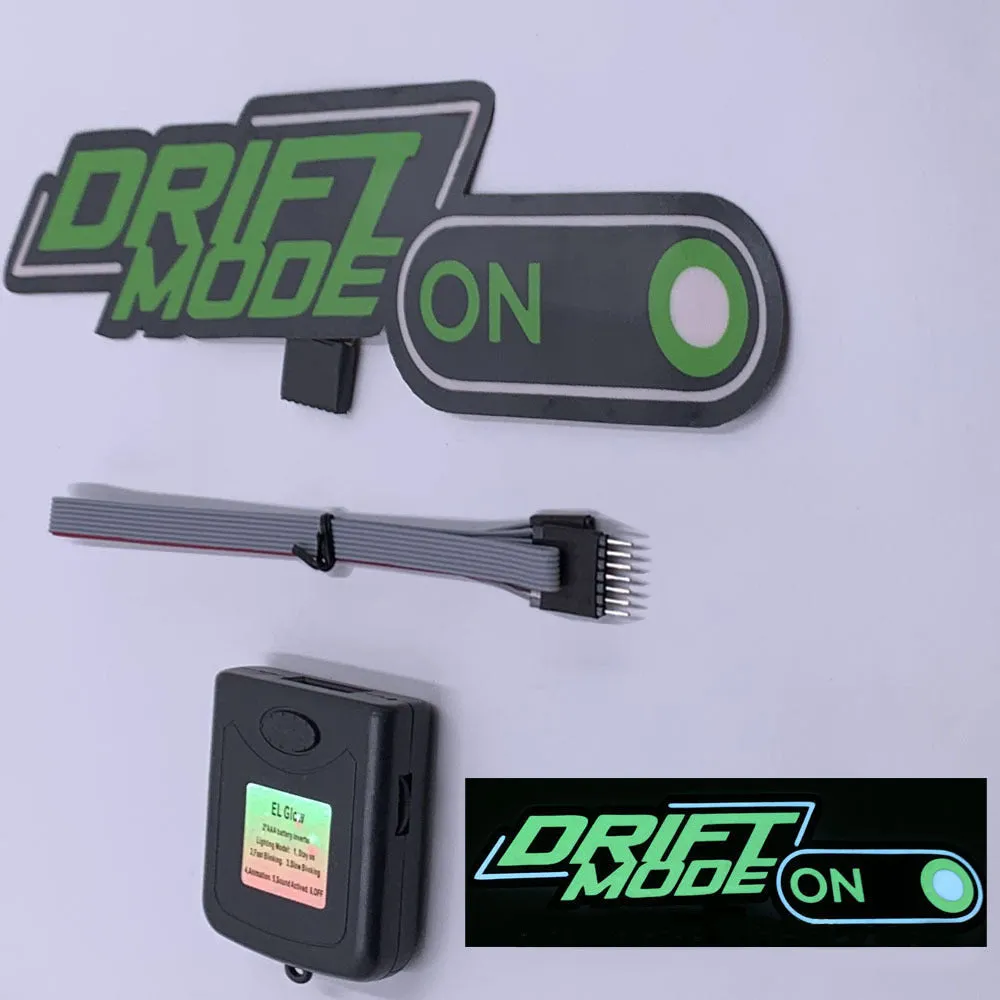 Luminous adhesive window sticker connected to a remote driver with a cable, showing multiple flashing mode icons.