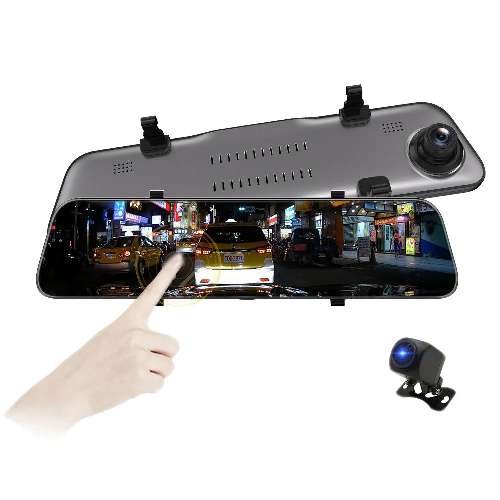 12 inch HD driving recorder dash cam with 170 degree wide angle 12MP lens mounted over car rearview mirror