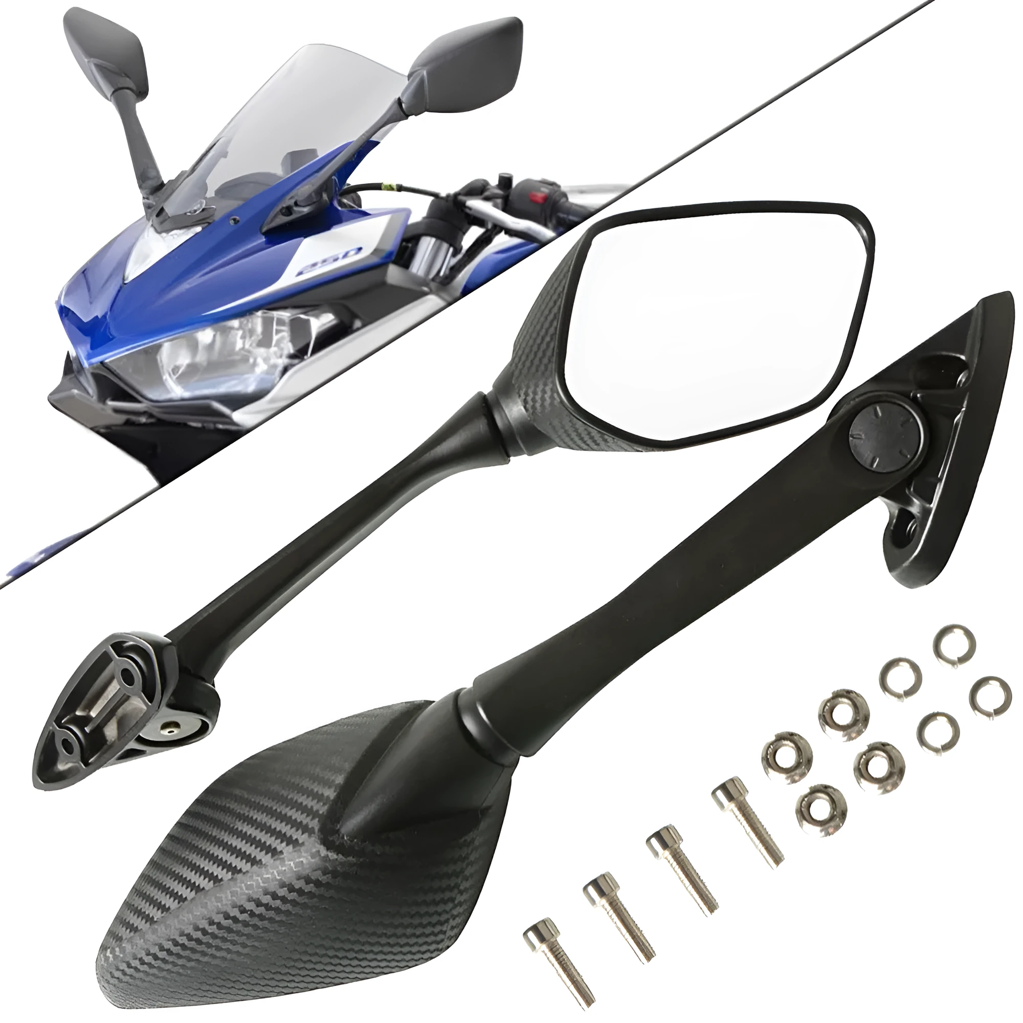 Yamaha YZF R3 R25 carbon pattern motorcycle rearview mirror aluminium arm black ABS shell
