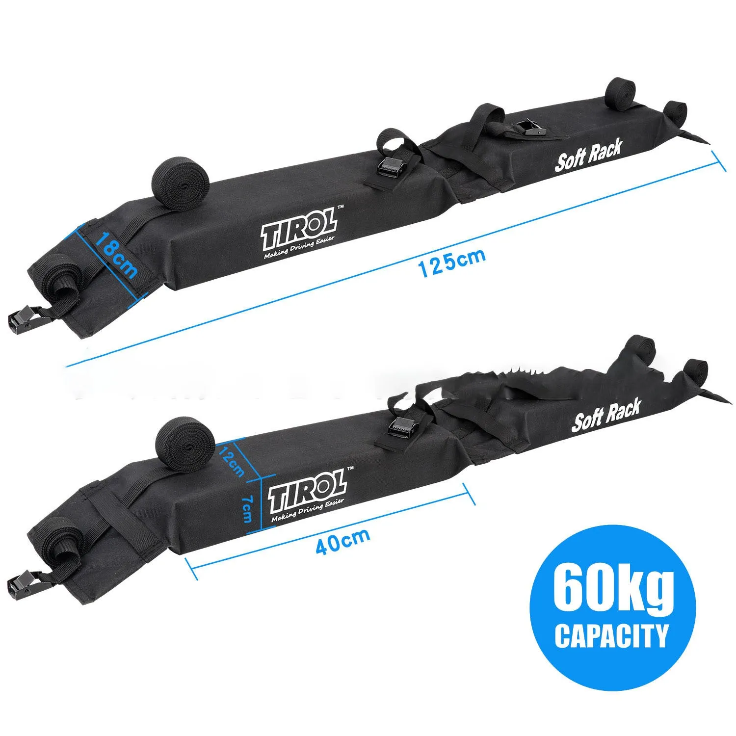 Black folding soft roof rack on a car roof, made of 600D Oxford cloth, with webbing straps and metal buckles