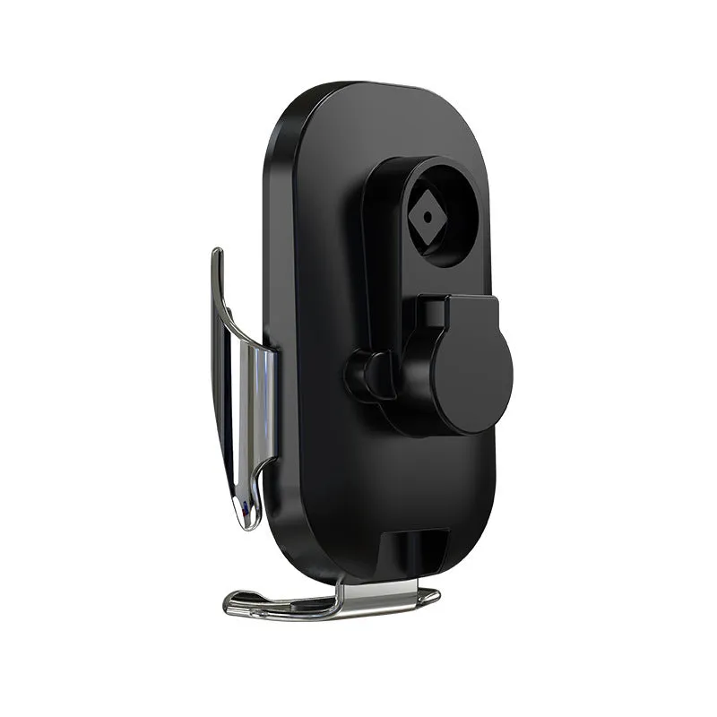 Black 15W smart car phone holder with wireless charging and infrared sensor on car dashboard