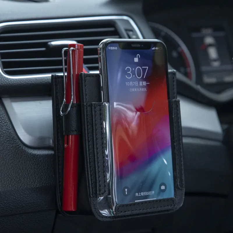 Multifunctional car phone storage bag in beige for seat gap organisation, 90g leather organiser