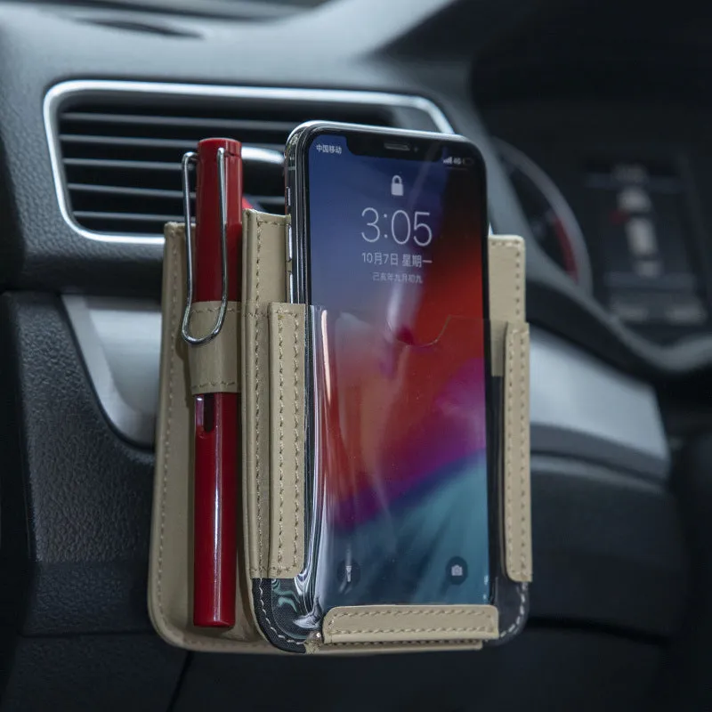Multifunctional car phone storage bag in beige for seat gap organisation, 90g leather organiser