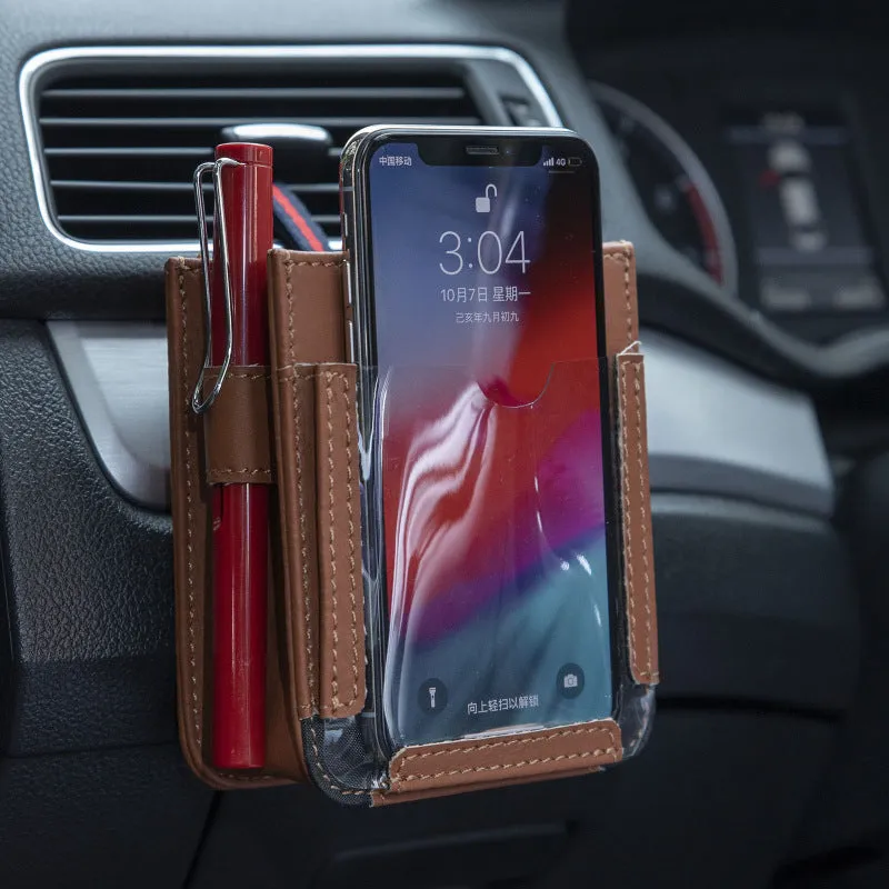 Multifunctional car phone storage bag in beige for seat gap organisation, 90g leather organiser