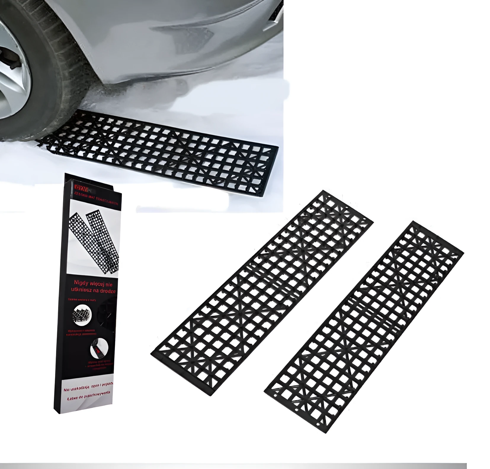Pair of black rubber car recovery plates on a muddy ground, each 55×15 cm, for self-rescue from soft terrain