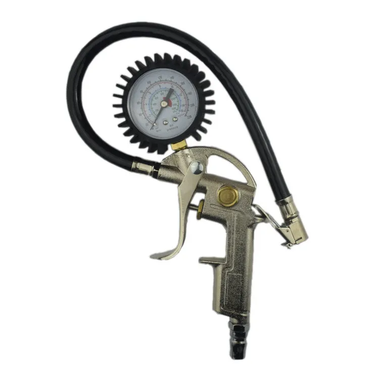 Digital tyre pressure gauge with metal braided hose, backlit display, black and silver colour