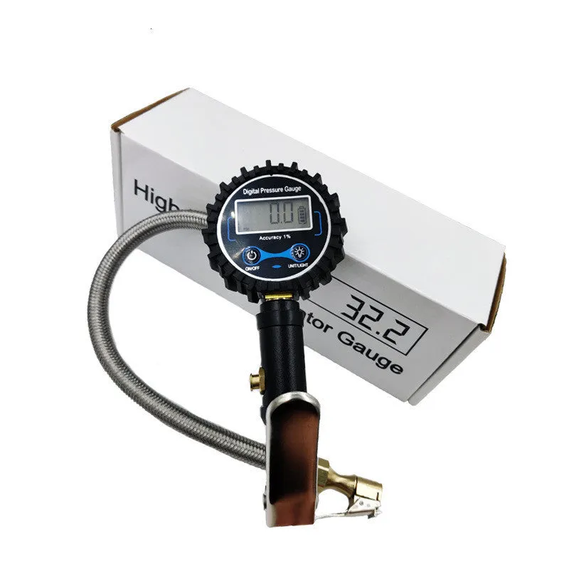 Digital tyre pressure gauge with metal braided hose, backlit display, black and silver colour