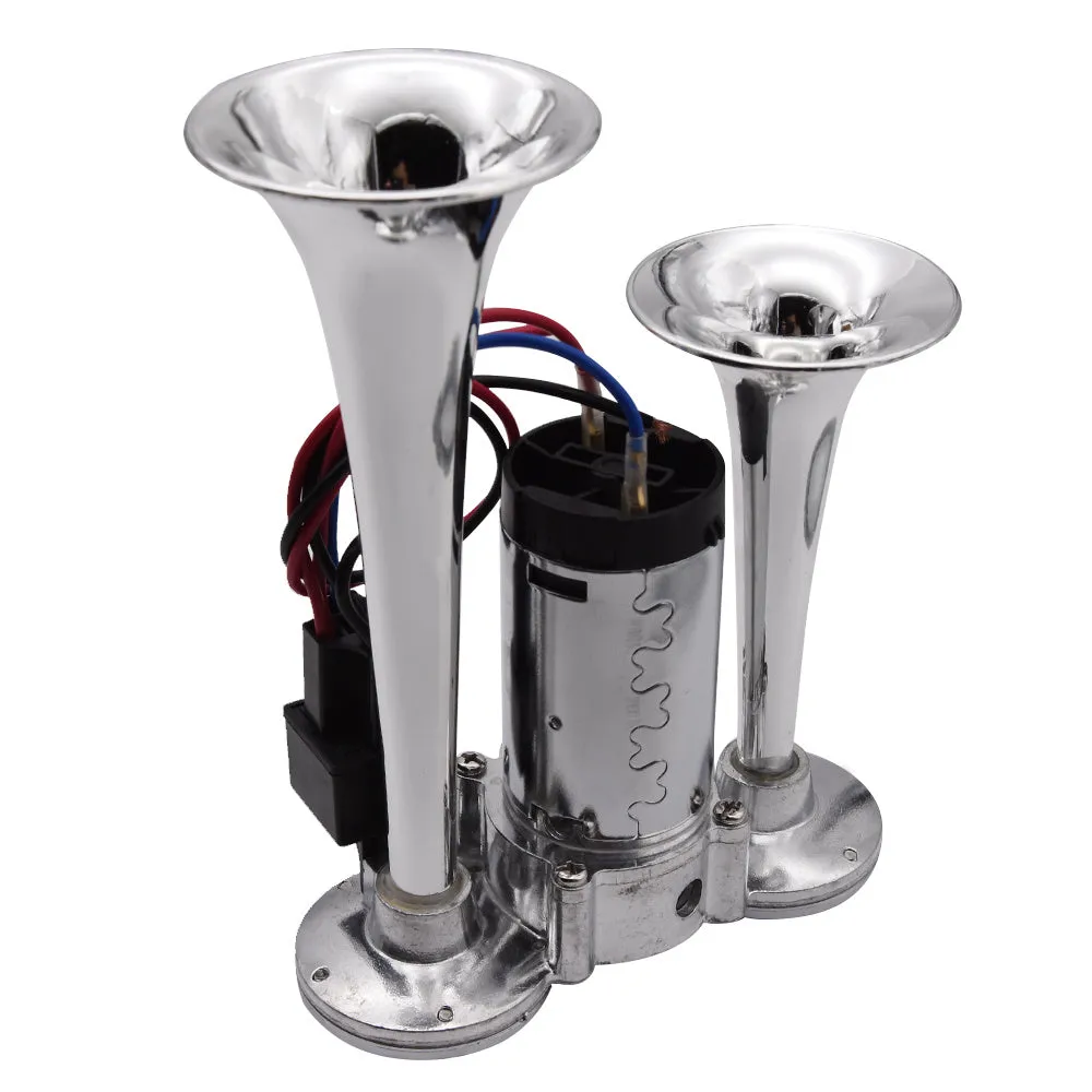 Silver double pipe conjoined electric horn with air pump for car and motorcycle modified 12V/24V
