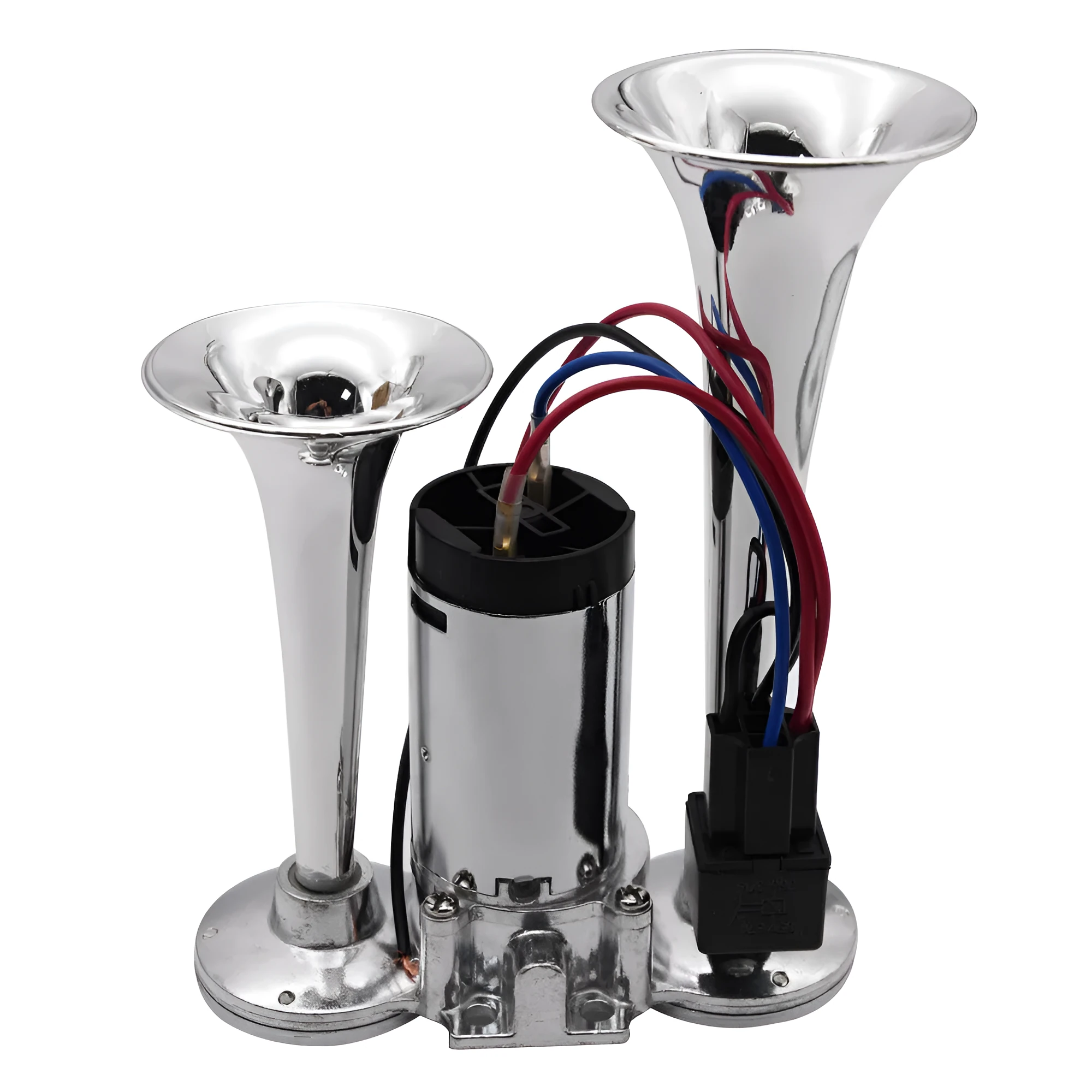 Silver double pipe conjoined electric horn with air pump for car and motorcycle modified 12V/24V