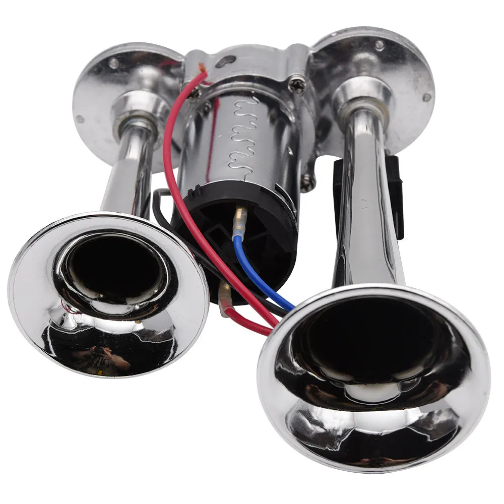 Silver double pipe conjoined electric horn with air pump for car and motorcycle modified 12V/24V