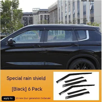 Black and translucent plastic window deflectors installed on a grey Mitsubishi Outlander SUV.