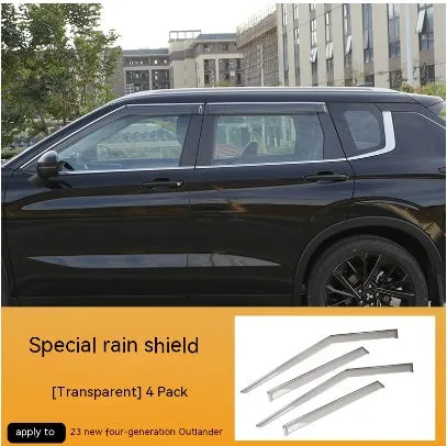 Black and translucent plastic window deflectors installed on a grey Mitsubishi Outlander SUV.