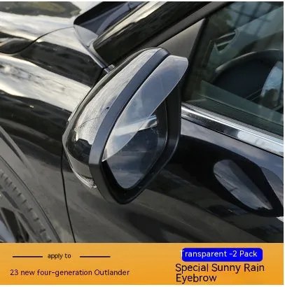 Black and translucent plastic window deflectors installed on a grey Mitsubishi Outlander SUV.
