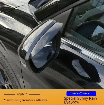 Black and translucent plastic window deflectors installed on a grey Mitsubishi Outlander SUV.