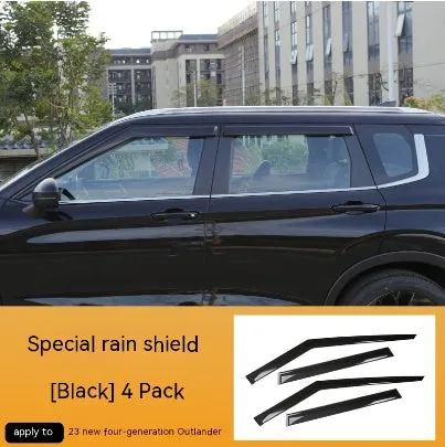 Black and translucent plastic window deflectors installed on a grey Mitsubishi Outlander SUV.