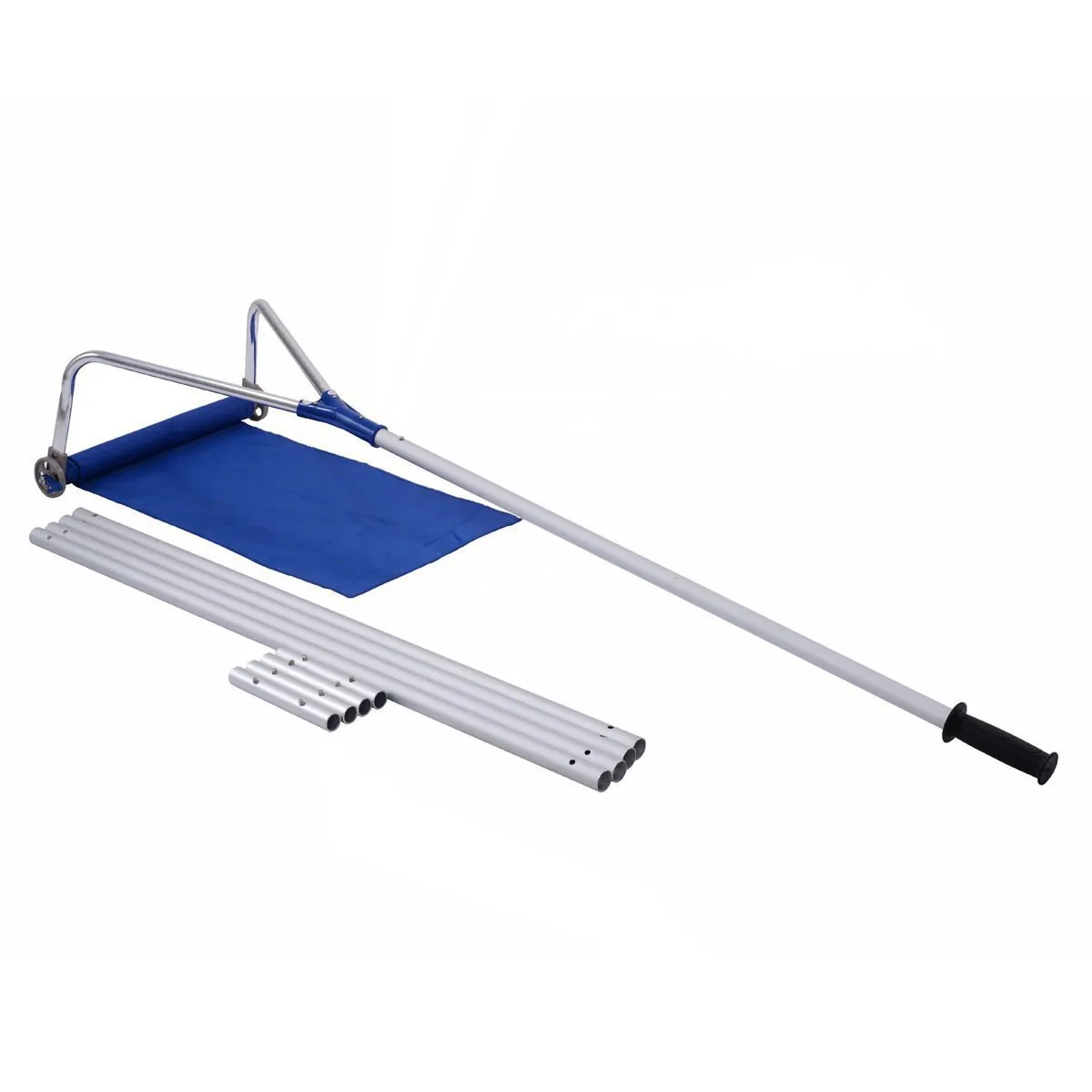 Blue roof snow removal rake with retractable aluminum handle and Oxford cloth panel on snowy roof