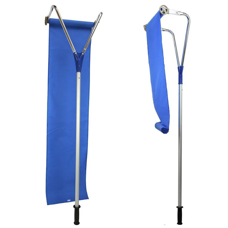 Blue roof snow removal rake with retractable aluminum handle and Oxford cloth panel on snowy roof