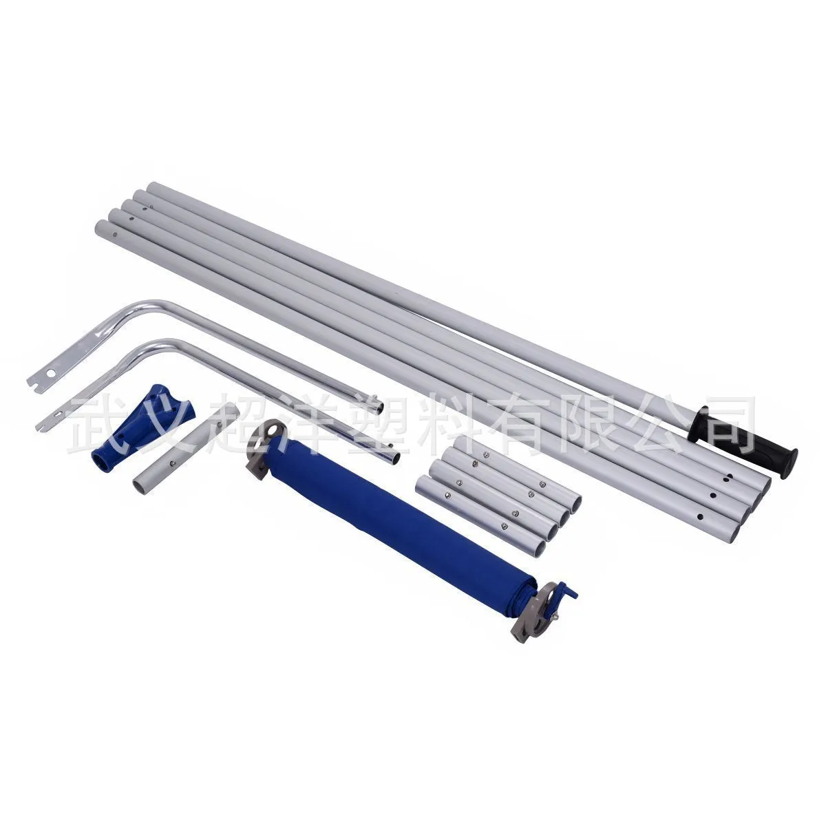 Blue roof snow removal rake with retractable aluminum handle and Oxford cloth panel on snowy roof