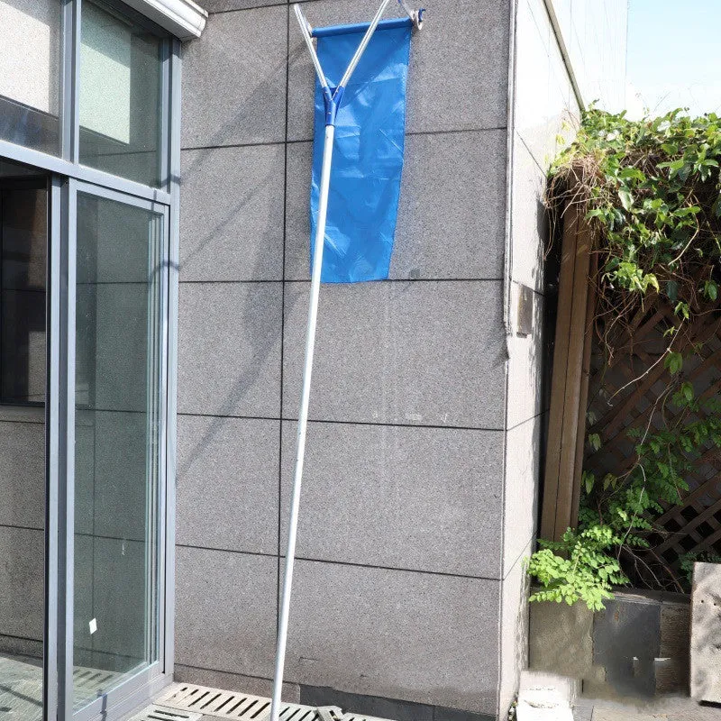 Blue roof snow removal rake with retractable aluminum handle and Oxford cloth panel on snowy roof