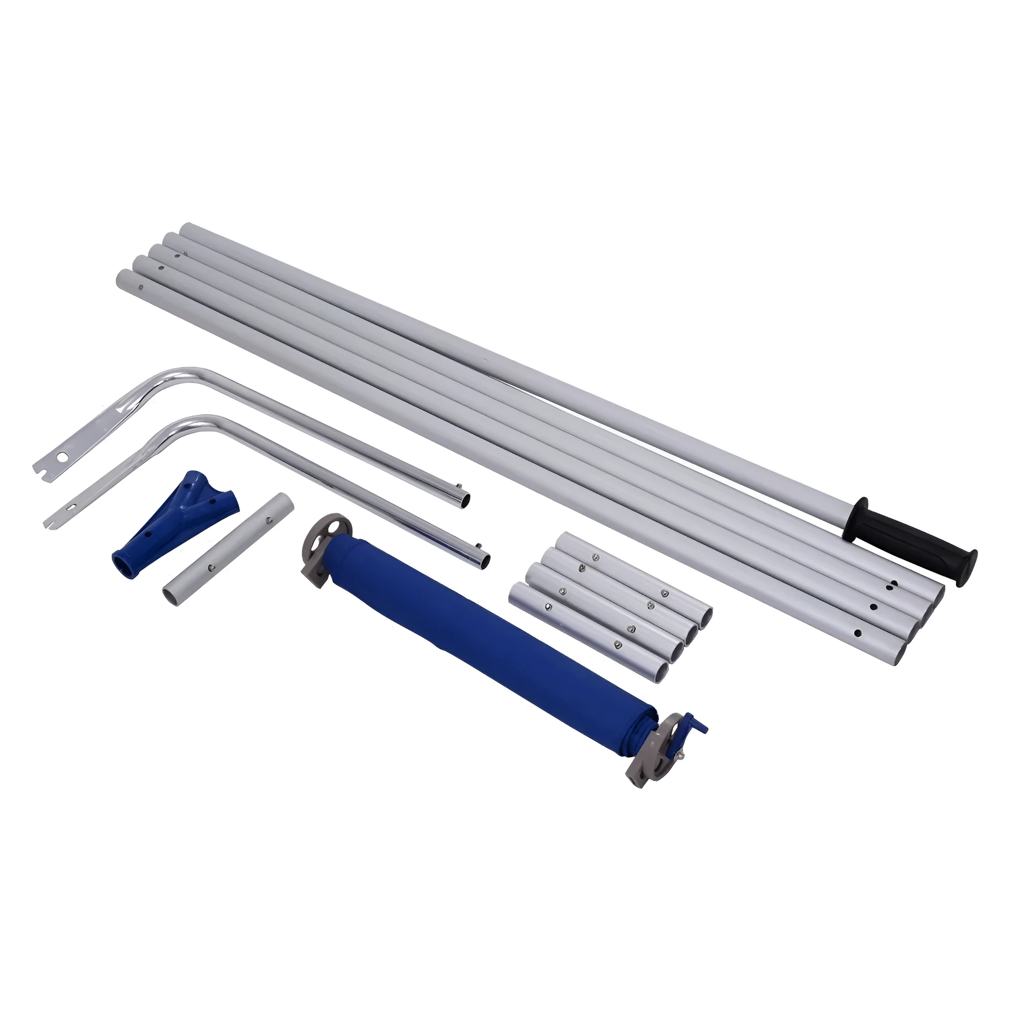 Blue roof snow removal rake with retractable aluminum handle and Oxford cloth panel on snowy roof
