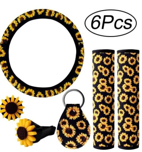 Sunflower steering wheel cover on car steering wheel with matching keychain and vent decoration