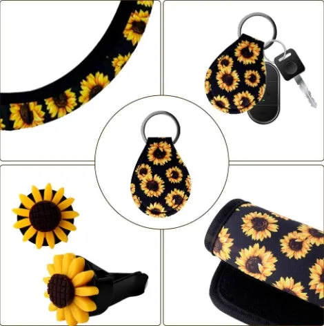 Sunflower steering wheel cover on car steering wheel with matching keychain and vent decoration