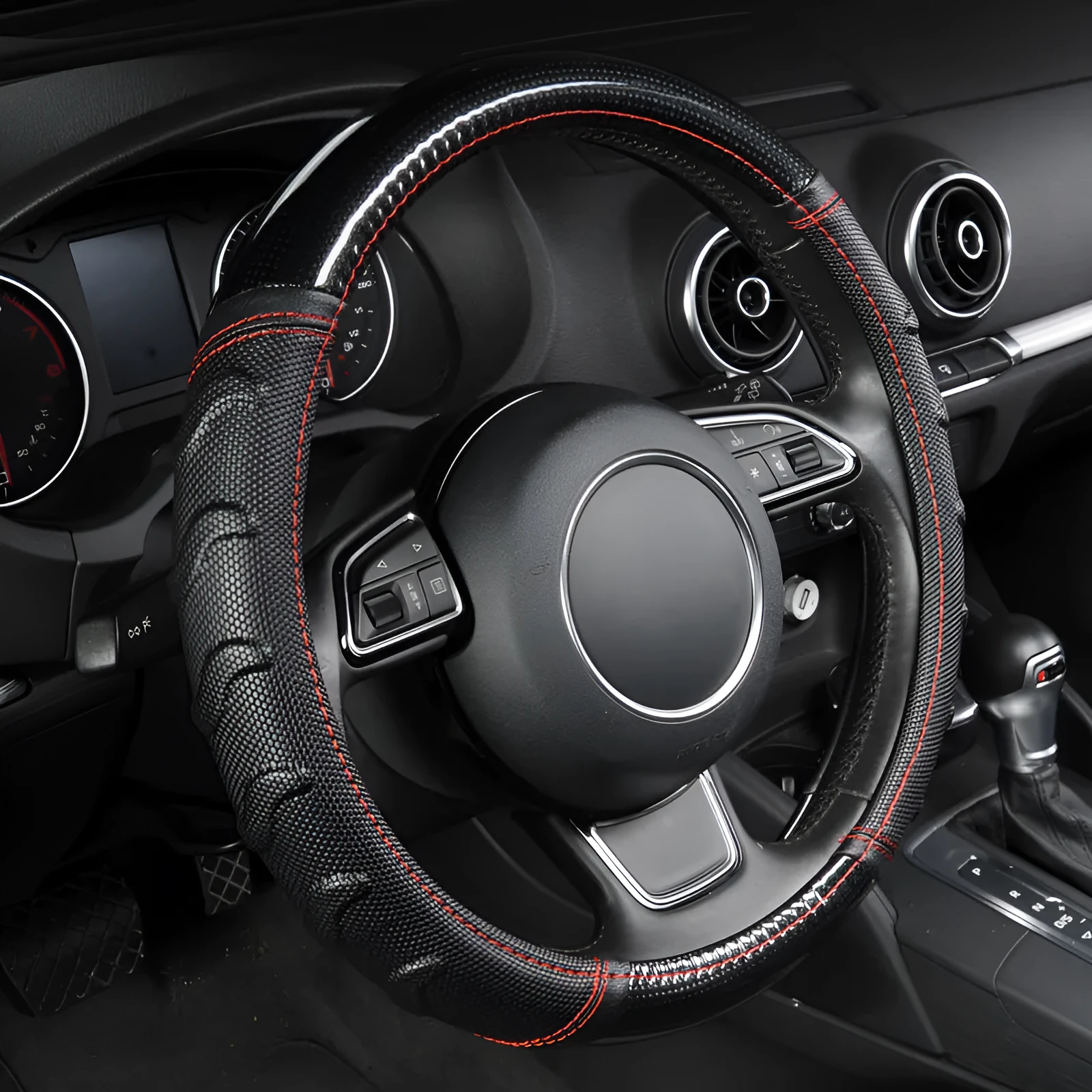 Willow leaf massage non-slip PU leather car steering wheel cover in photo colour, universal M size for 38cm wheels