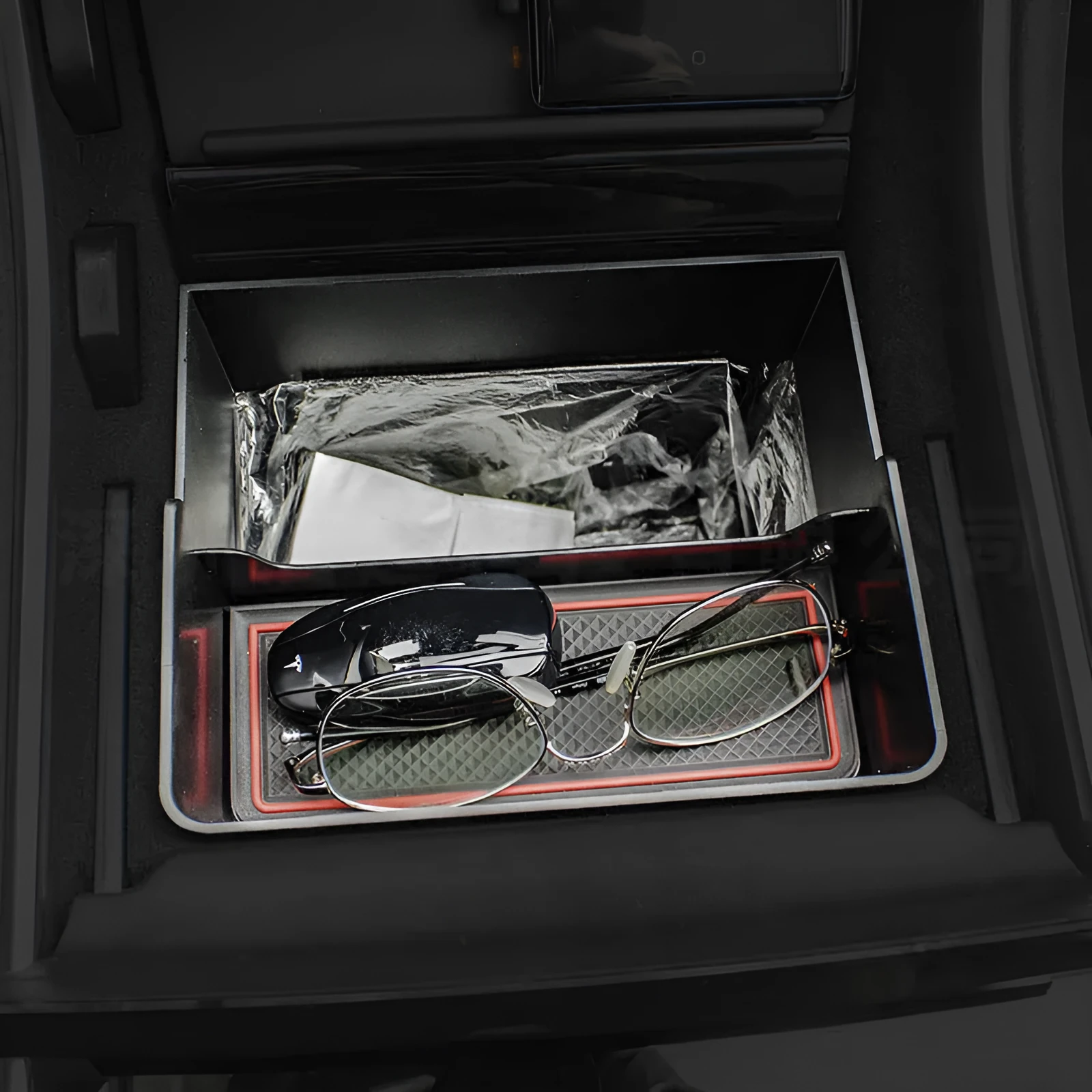 Tesla Model 3Y double-layer car trash can storage box black with red edge non-slip mat