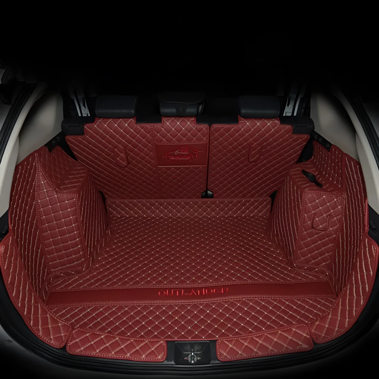 Custom 3D boot liner mat for Mitsubishi Outlander, shown in a black and beige colour combination.