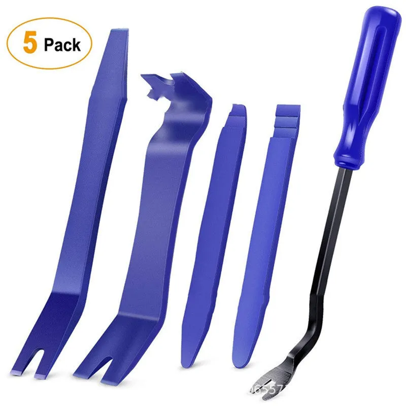 Tengyun 5-piece car audio disassembly tool kit with PP tools and blue screwdriver on workbench