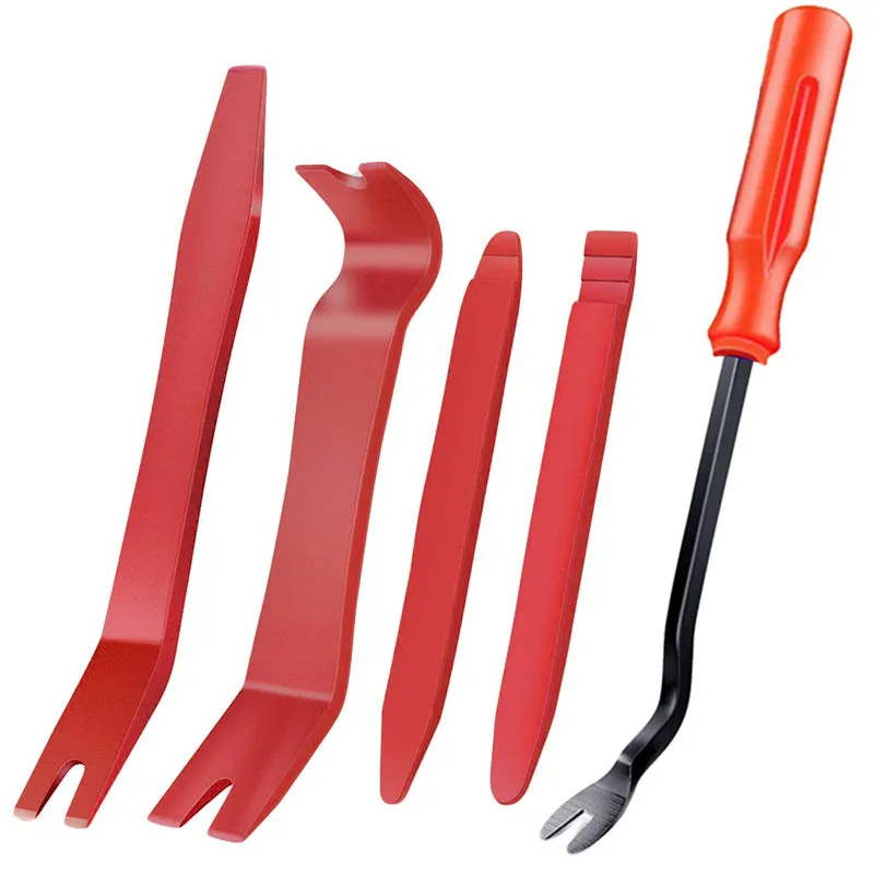 Tengyun 5-piece car audio disassembly tool kit with PP tools and blue screwdriver on workbench