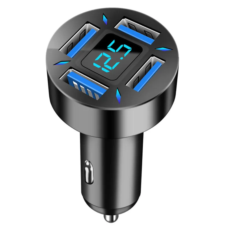 Black four-port car USB charger with LED digital display plugged into a vehicle socket.