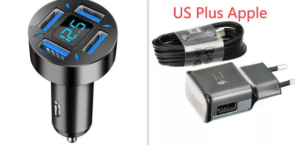 Black four-port car USB charger with LED digital display plugged into a vehicle socket.