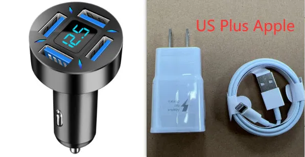 Black four-port car USB charger with LED digital display plugged into a vehicle socket.