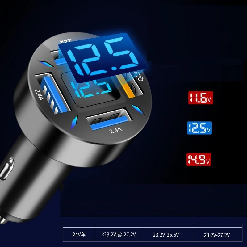 Black four-port car USB charger with LED digital display plugged into a vehicle socket.