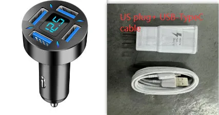 Black four-port car USB charger with LED digital display plugged into a vehicle socket.