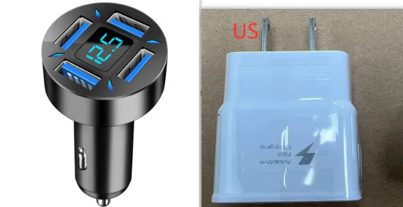 Black four-port car USB charger with LED digital display plugged into a vehicle socket.
