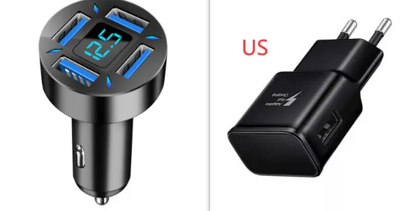 Black four-port car USB charger with LED digital display plugged into a vehicle socket.
