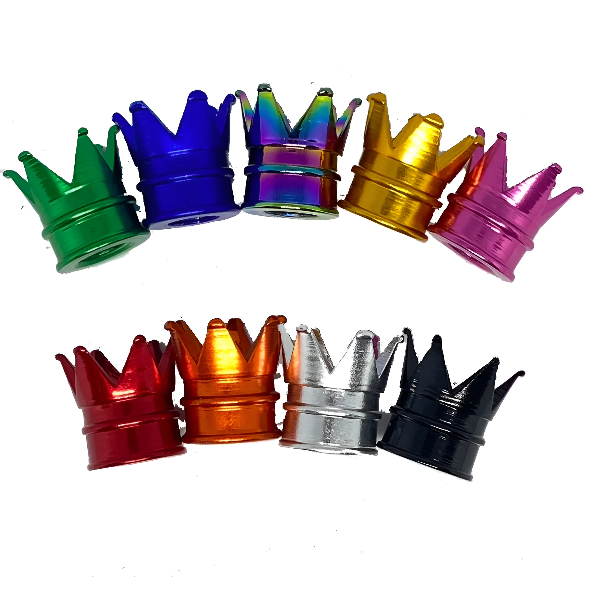 Set of four aluminium alloy tyre valve caps in assorted colours with shiny metal finish