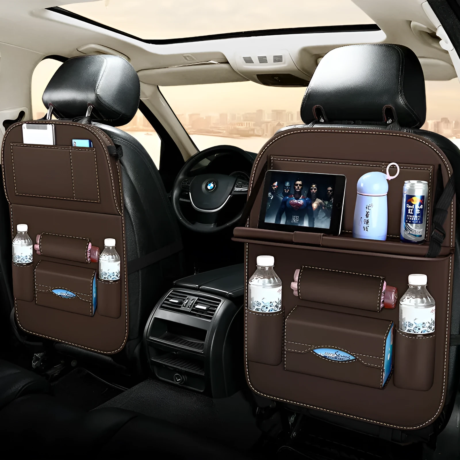 Hanging storage bag seat organiser in wear-resistant leather for car seat back with beige colour