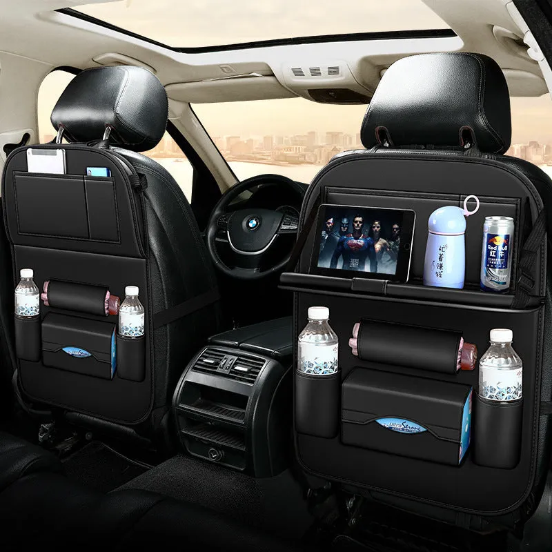 Hanging storage bag seat organiser in wear-resistant leather for car seat back with beige colour