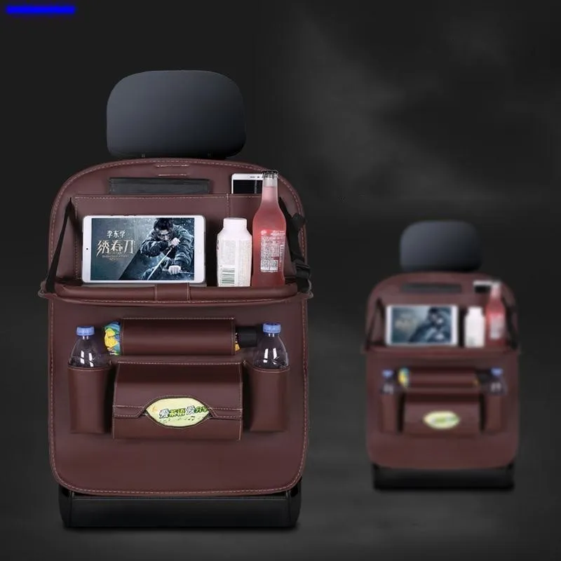 Hanging storage bag seat organiser in wear-resistant leather for car seat back with beige colour