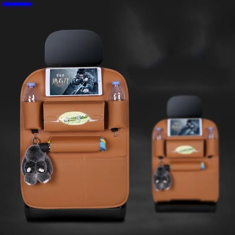 Hanging storage bag seat organiser in wear-resistant leather for car seat back with beige colour