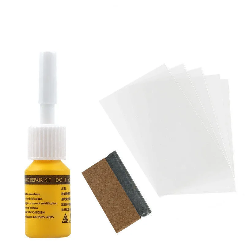 Yellow three-piece car windshield repair kit with glass repairing liquid