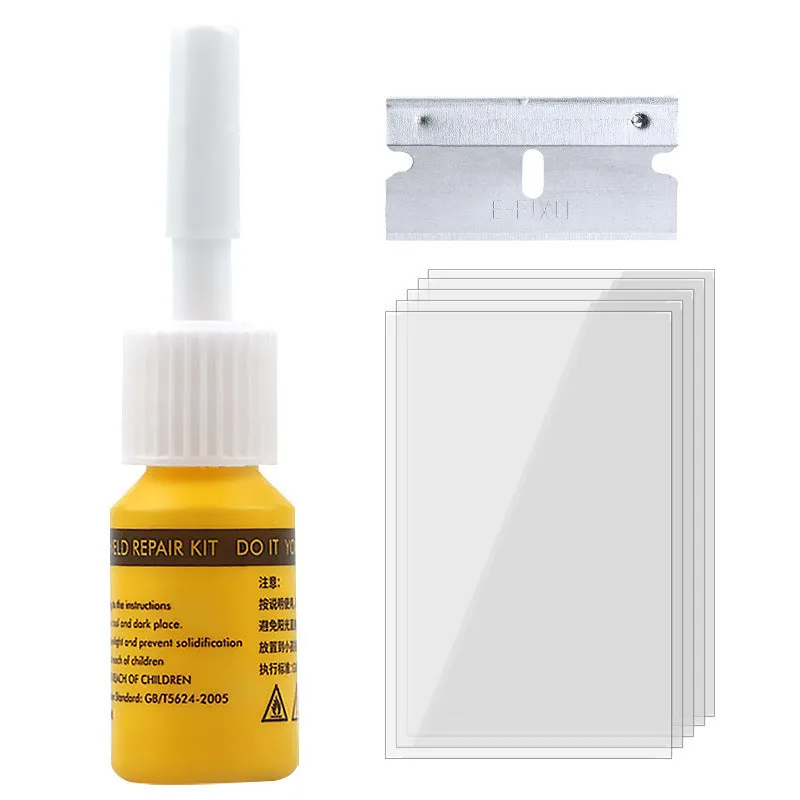 Yellow three-piece car windshield repair kit with glass repairing liquid